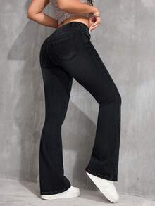 SHEIN ICON Quần jeans ống loe ôm sát cổ điển co giãn cỡ lớn dành cho nữ, trang phục cowgirl rodeo đa năng - màu đen - Xem 2