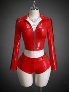 SHEIN ICON Women's Halloween COS Contrast Color Cropped Jacket And Shorts Set, Christmas - Red - View 5