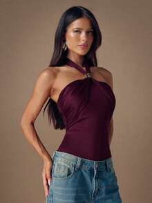 SHEIN BAE Autumn/Winter Women's Sexy Metallic-Embellished Ruffled Bodysuit Burgundy Bodysuit Sexy Bodysuit Fashion Statement Piece Outfit New Year's Attire Red Bodysuit Perfect For Home, Parties - Burgundy - View 5