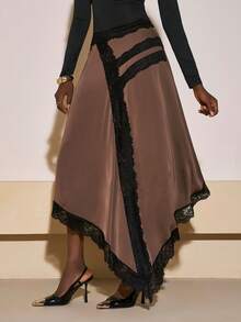 Zivah 2025 秋冬新款 音乐节、复活节、圣帕特里克节、西部风、游牧风、生日派对、毕业典礼、学院风、学生风、日常穿着、基础百搭、休闲、度假、邮轮旅行、海滩、日光浴、热门热卖、街头潮流、婚礼宾客波西米亚风、通勤、早午餐、机场、派对、节日郊游、优雅宴会 高腰 A 字型不对称下摆缎面 SkSkirt 拼布棕色中长裙 - 棕色 - 查看 7