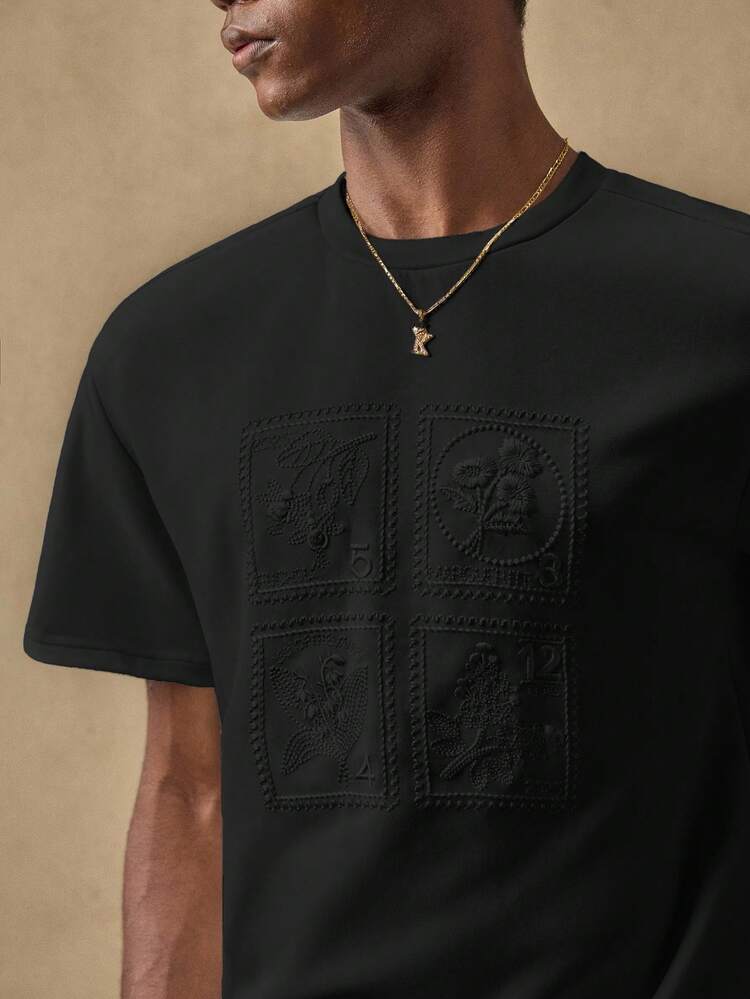 Men's Textured Short Sleeve Embroidered Loose Fit Crew Neck T-Shirt