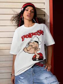 Popeye X SHEIN Áo thun tay ngắn in chữ và nhân vật hoạt hình cổ điển dành cho nữ, mùa hè, áo thun cotton, áo thun nữ cỡ lớn - trắng - Xem 3