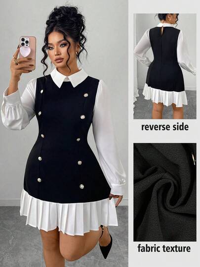 Elenzga Damen Große Größen Schwarz & Weiß Kontrast Jacquard Kragen Langarm Knopf Dekor Plissee Kurz Figurbetont Lässig Elegant Pendler T-Shirt Kleid