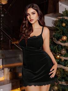 SilkySpell Plus Size Women Sexy Deep V Velvet Adjustable Tie Waist High Slit Slip Dress, Slim Fit, Elegant Nightgown - Black - View 5