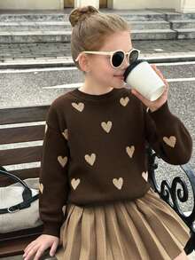 SHEIN 少女爱心图案落肩圆领毛衣搭配纯棕色百褶裙两件套，适合日常穿着、返校季、休闲场合，秋冬季保暖舒适。 - 棕色 - 查看 4