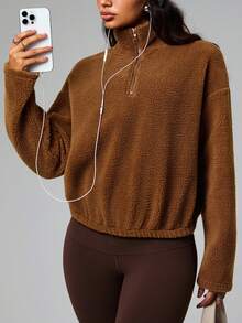 Dewbera 女士时尚加厚保暖抓绒休闲健身跑步户外长袖立领前半拉链下摆弹力褶皱瑜伽宽松棕色卫衣 - 棕色 - 查看 1