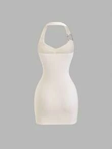 Sweetra Rochie de seară vintage sexy, slim fit, asimetrică, cu bretele metalice, mulată, pentru petrecere/întâlniri, toamnă/iarnă - alb - Vizualizare 2