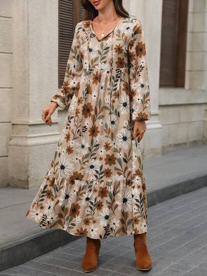 EMERY ROSE Women's Casual Floral Print Long Dress, Autumn Winter Dress Women Women Dresses Autumn Winter Dresses For Women Casual Dresses For Women Fall Dresses For Women Long Dress For Women Birthday Dresses For Women