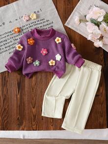 SHEIN Baby Girl Blue Knitted 3D Floral Pullover Sweater + Straight Leg Pants Set, Autumn/Winter - Purple - View 1