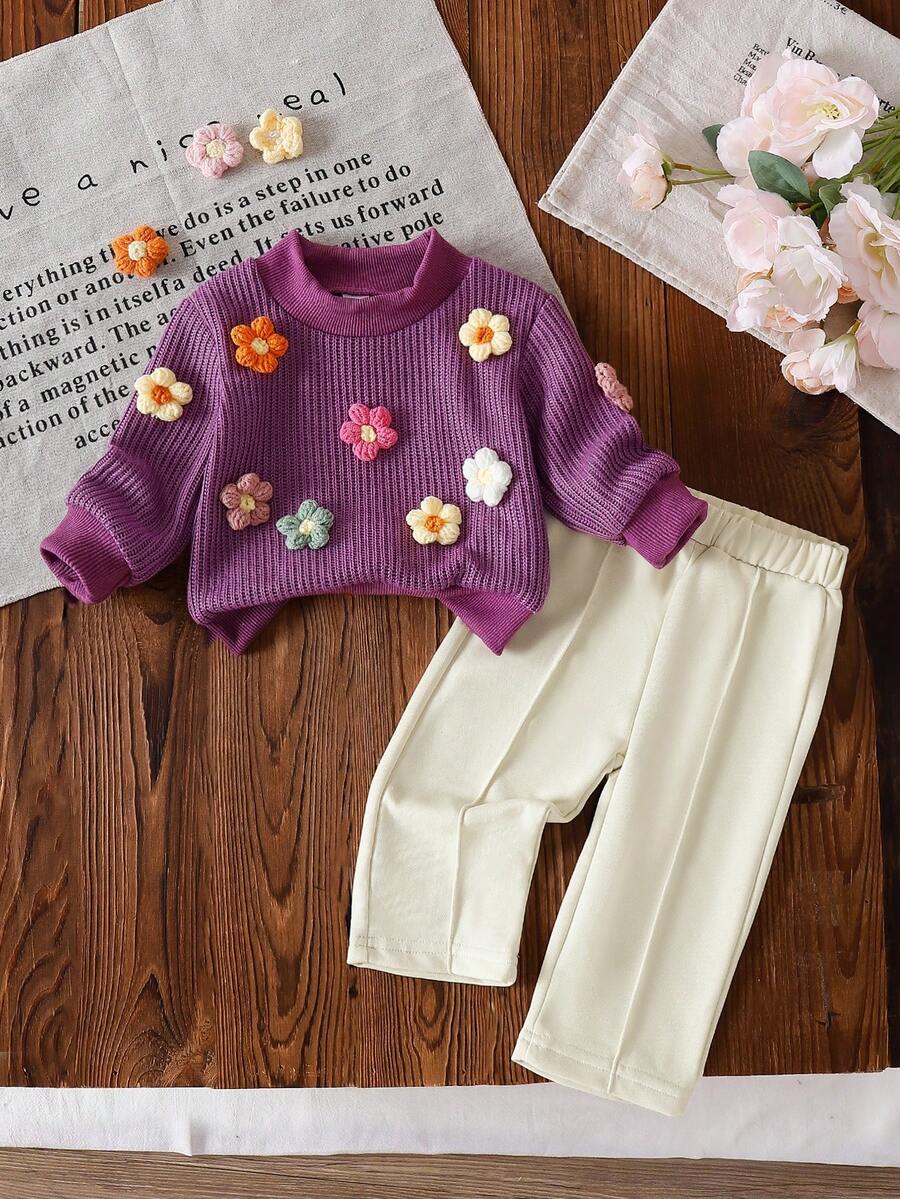 SHEIN Baby Girl Blue Knitted 3D Floral Pullover Sweater + Straight Leg Pants Set, Autumn/Winter - Purple - View 1