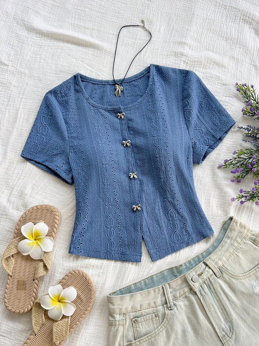 Soleia Casual For Women Women's Casual Vacation Style Schiffy Metallic Bow Decor Short Sleeve Top - Blue - View 1