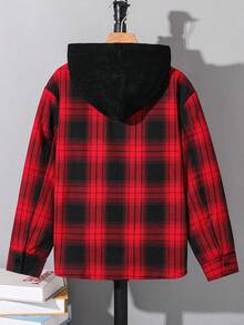 SHEIN Bộ đồ thể thao cho bé trai tuổi teen gồm mũ kẻ caro phối màu và áo khoác cardigan dệt kim, màu đen điểm nhấn đỏ, phù hợp cho mùa thu đông và hoàn hảo cho dịp Giáng sinh, tay dài. - Đỏ - Xem 2