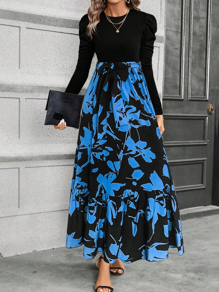 Breezaya Floral Print Puff Sleeve Belted Dress Maxi Women Outfit - Black - View 1