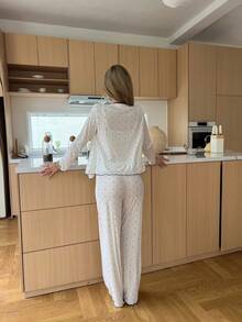 ZzzCrew 3件套女士波点印花长袖上衣、吊带背心和裤子睡衣套装，秋冬服装 - 白色 - 查看 2