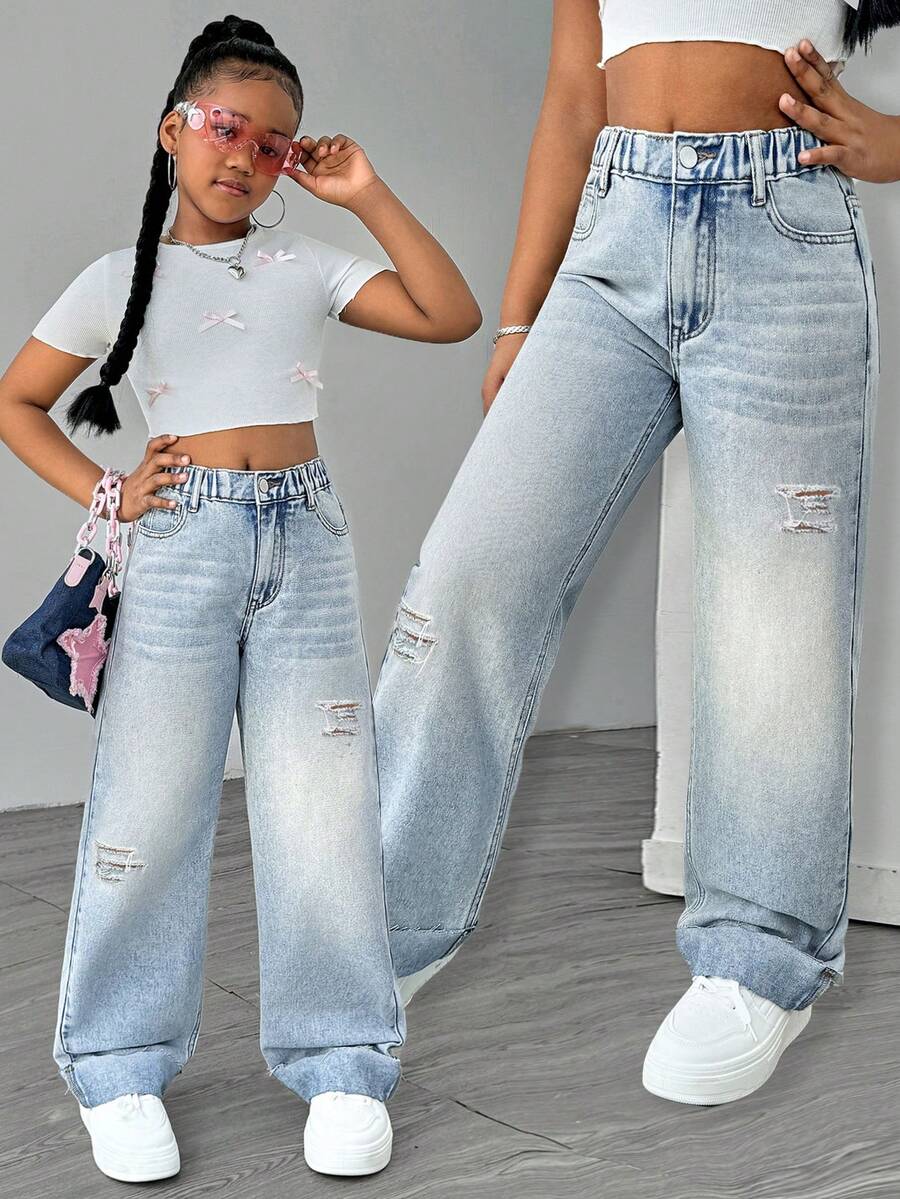 Sparklyn Tween Girls' Light Blue Pocket Distressed Wide Leg Jeans, Versatile Casual Pants For Daily Wear With Crop Tops Or Other Outfits - Light Wash - View 1