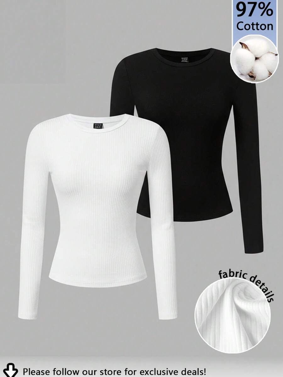Tseoso 97% Cotton, 2pcs Black & White Casual Crew Neck Long Sleeve Fitted Long T-Shirt Set For Women, Elegant, Warm And Breathable, Clean Girl Style, Suitable For Autumn & Winter, Vintage, Soft Girl, Home, Back To School, Fall Women Clothes, Versatile. - Multicolor - View 1