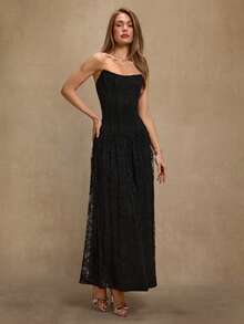 SHEIN BAE Schwarzes ärmelloses Spitzenkleid mit V-Ausschnitt, Taillenschlitz und Raffung für Damen, geeignet für Cocktailpartys, romantische Dates, Herbst-/Winterschichten, Zusammenkünfte, Partys, Nachtclubs, Halloween, Weihnachten - Schwarz - Übersicht 6
