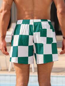 Manfinity Men's Checkered Drawstring Beach Shorts,Hawaiian, Men S Checkered Swim Trunks, Checkered Shorts Men, Plaid Swim Trunks, Men S Beachwear - Green - View 2