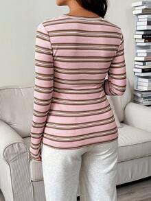 SHEIN Maternity Casual Striped Print Button-Up Long Sleeve T-Shirt - Pink - View 6
