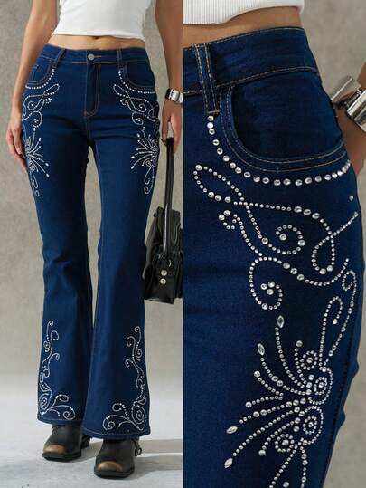 LYSMO Women's Diamond Flower Pocket Flare Casual Versatile Jeans Flare Jeans Women Rhinestone Jeans
