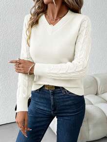 SHEIN Clasi 女士V领长袖毛衣，秋冬季长袖上衣 - 白色 - 查看 6