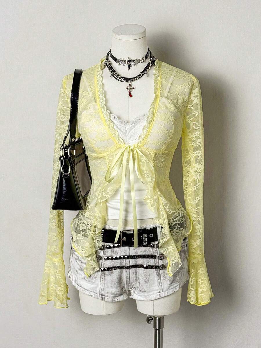 EgrlEra Áo cánh ren cổ chữ V phối ren tương phản gợi cảm dành cho nữ - Màu vàng - Xem 1