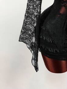 Amplova Women's Lace Long Sleeve Two Pieces Set, Sexy & Avant-Garde Sheer Lace Long Sleeve Coverup With Multi-Layer Cake Skirt, Super Short And Ultra Low Waist Mini Skirt Black See Through Two Pieces Set - Black - View 9