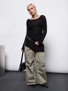 COUREZ 长袖连帽针织迷你连衣裙/Y2K风格针织连衣裙 黑色连衣裙 长袖连衣裙 性感夜店装扮 外出装扮 - 黑色 - 查看 3