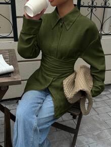 Siren Gaze Áo sơ mi dài tay trơn màu có cạp chun eo dành cho nữ, Bộ sưu tập thu mới - Màu xanh lá cây đậm - Xem 3