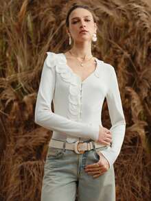 SHEIN LUNE Women's Slim Fit Top With Hand-Stitched 3D Floral V-Neck Design For Everyday Wear And Commuting White Top Elegant Top For Women - White - View 7
