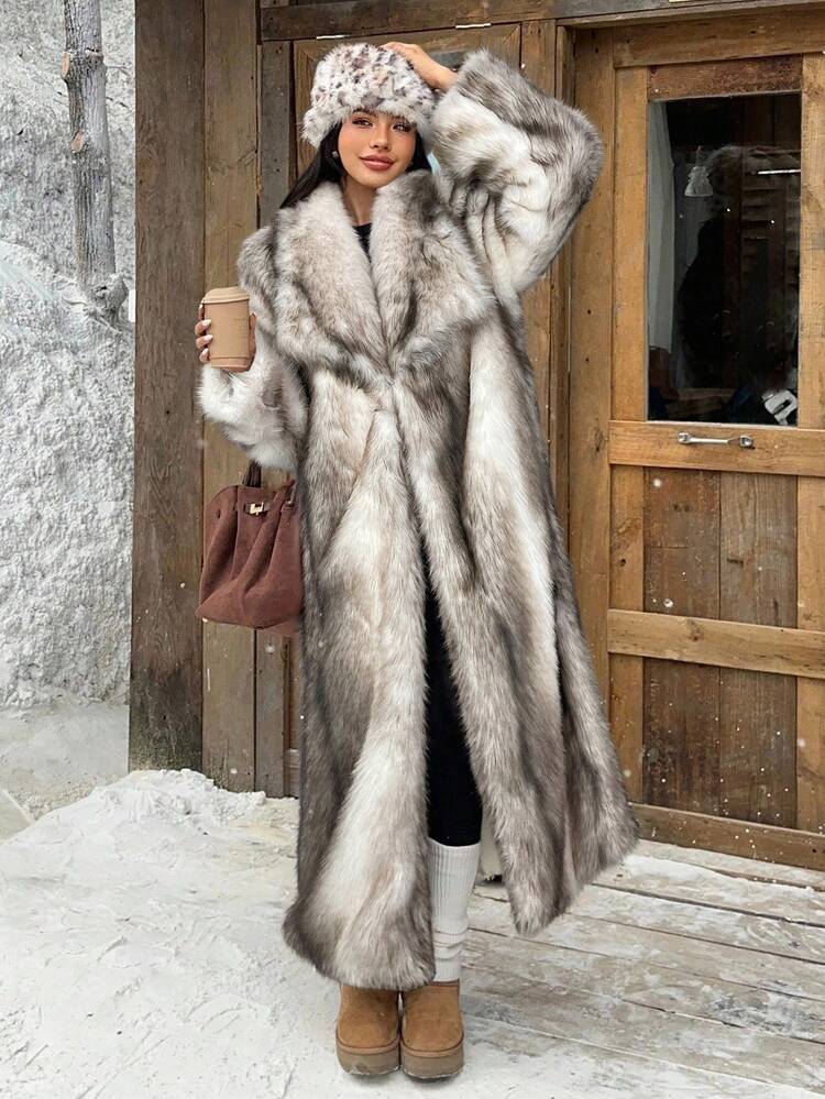 SHEIN EZwear Women's New Brown Long Faux Fur Collar Coat, Winter