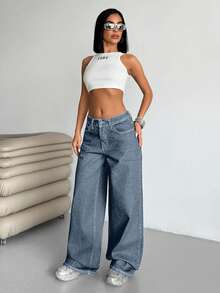 EURMUSE WOMEN LOW WAIST WIDELEG CASUAL STREET DARK BLUE WITH BACK LABEL WATER WASH - Dusty Blue - View 6