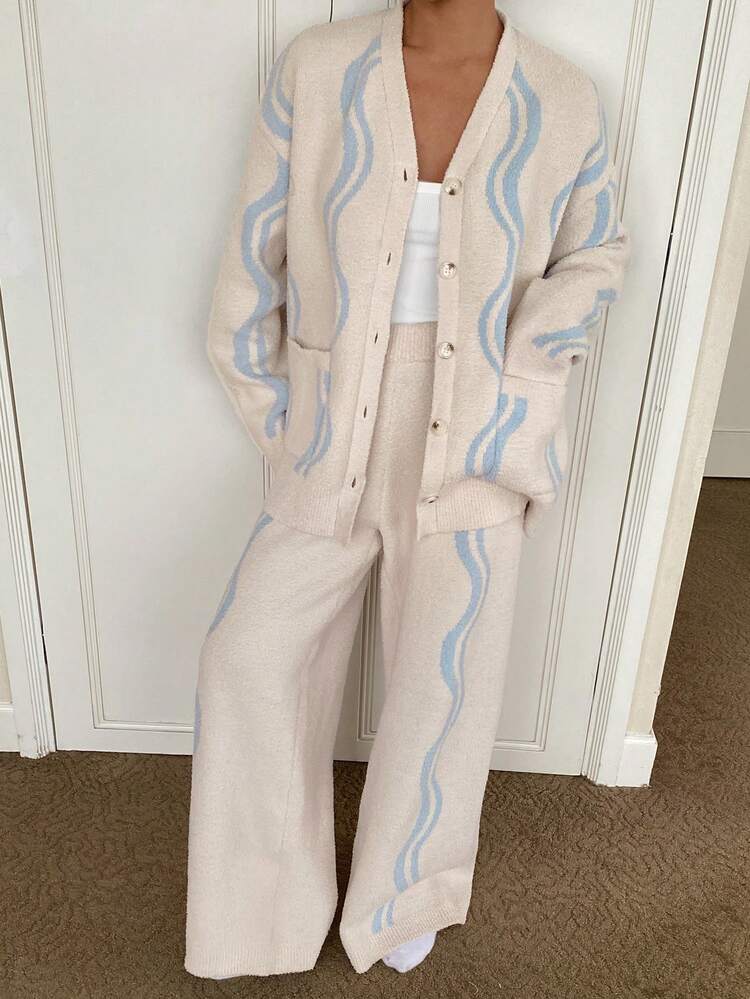 2pcs Striped Pattern Loose Long Sleeve Top & Pants Knitted Women Pajama Clothes Set, Autumn/Winter