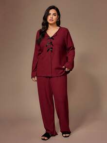 Lazeform Plus Size Women Knitted Ribbed Fleece Bow Decor Ruffle Trim Casual Lounge Set, Long Sleeve Top And Pants, Cozy Winter Clothes - Red - View 4