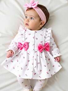 SHEIN Newborn Baby Girl Apricot Round Neck Ruffled Cartoon Cherry Print Long Sleeved Red Bow Dress Elegant And Cute, Suitable For All Seasons, New Style Fall Winter