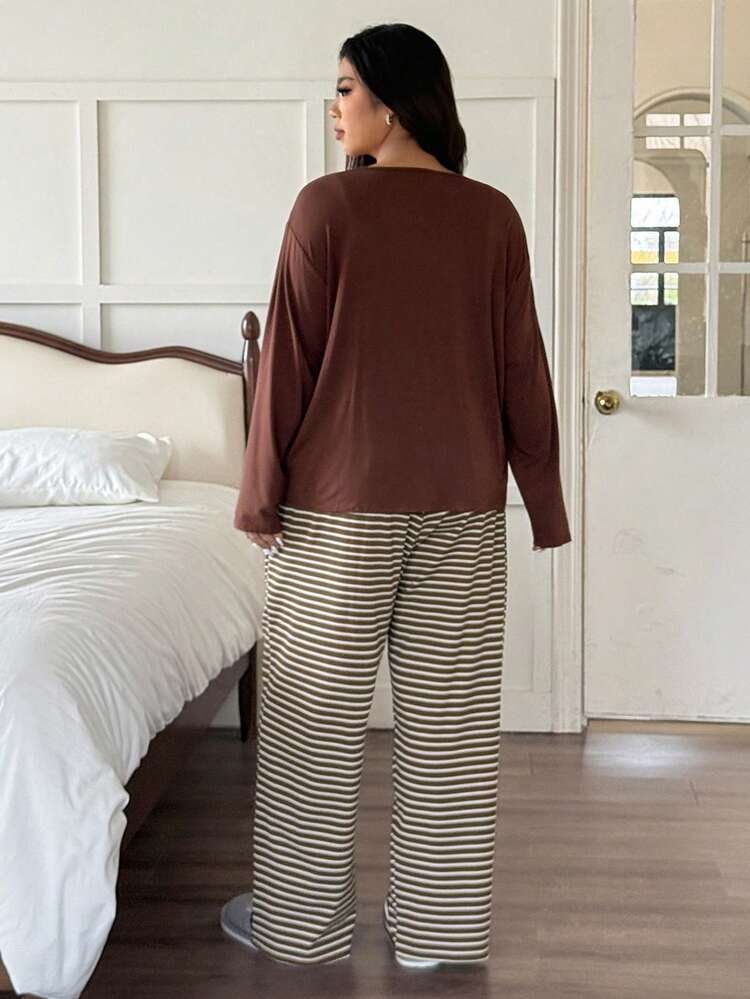 Dazy Plus 3pcs Casual Sleepwear Set: Camisole Top, Long Sleeve Top, And Striped Pants, Plus Size Women, Spring/Autumn, Fall & Winter Clothes