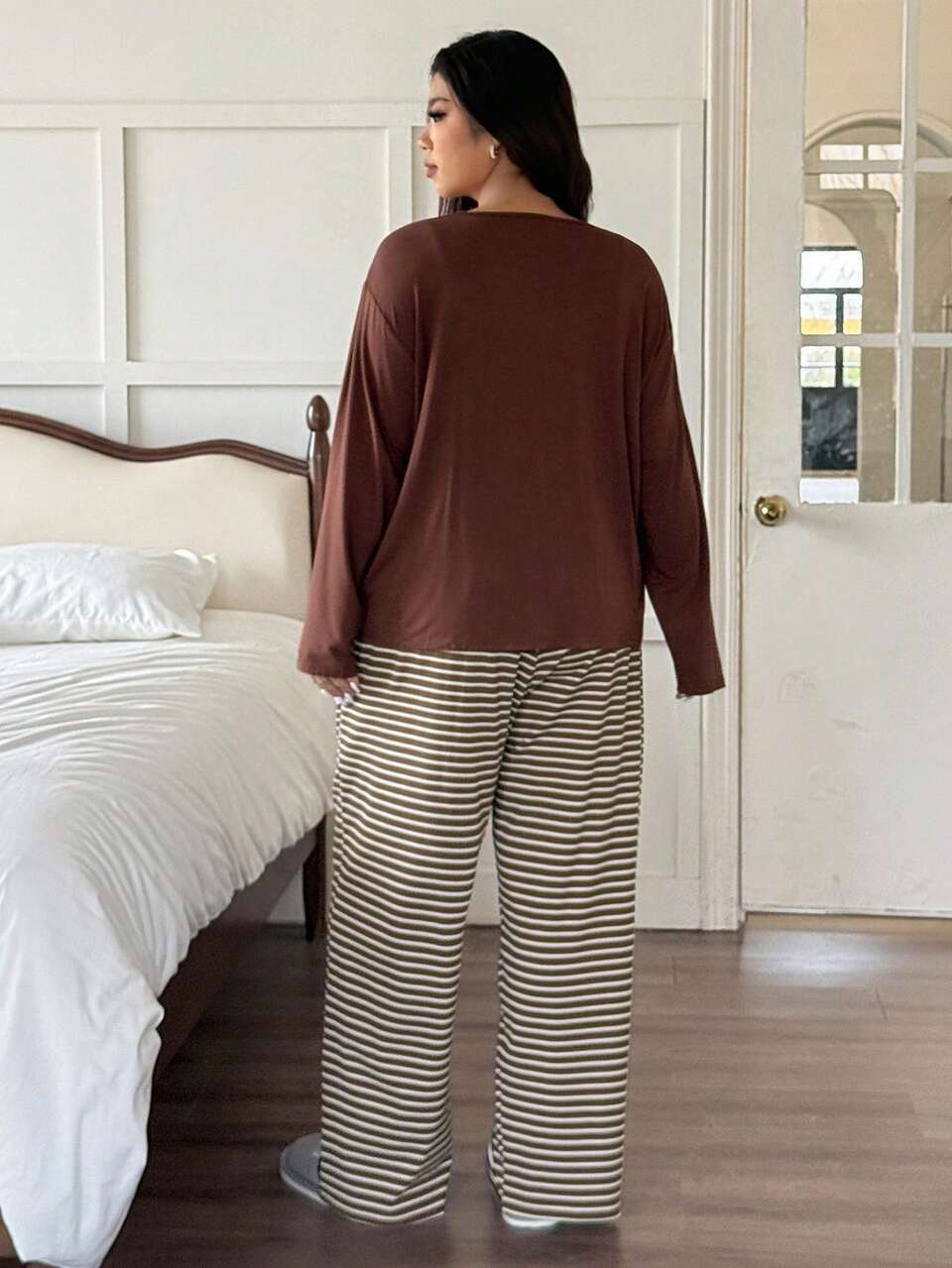 Dazy Plus 3pcs Casual Sleepwear Set: Camisole Top, Long Sleeve Top, And Striped Pants, Plus Size Women, Spring/Autumn, Fall & Winter Clothes
