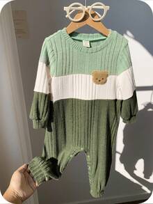 SHEIN Setelan Jumpsuit Lengan Panjang Rajut Rib Termal Warna Hijau Sage untuk Bayi Laki-laki, Baju Terusan Sweater Seragam Lucu dan Sopan untuk Balita di Musim Gugur. - Biru - View 6
