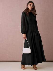 Enchnt 纯色圆领褶皱优雅时尚长袖连衣裙 - 黑色 - 查看 6