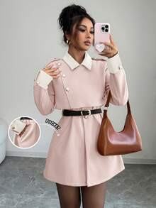 Selianne Elegant Luxury Fashion Thick Women's Contrast Color Lapel Long Sleeve Button Design Overcoat - Pink - View 5