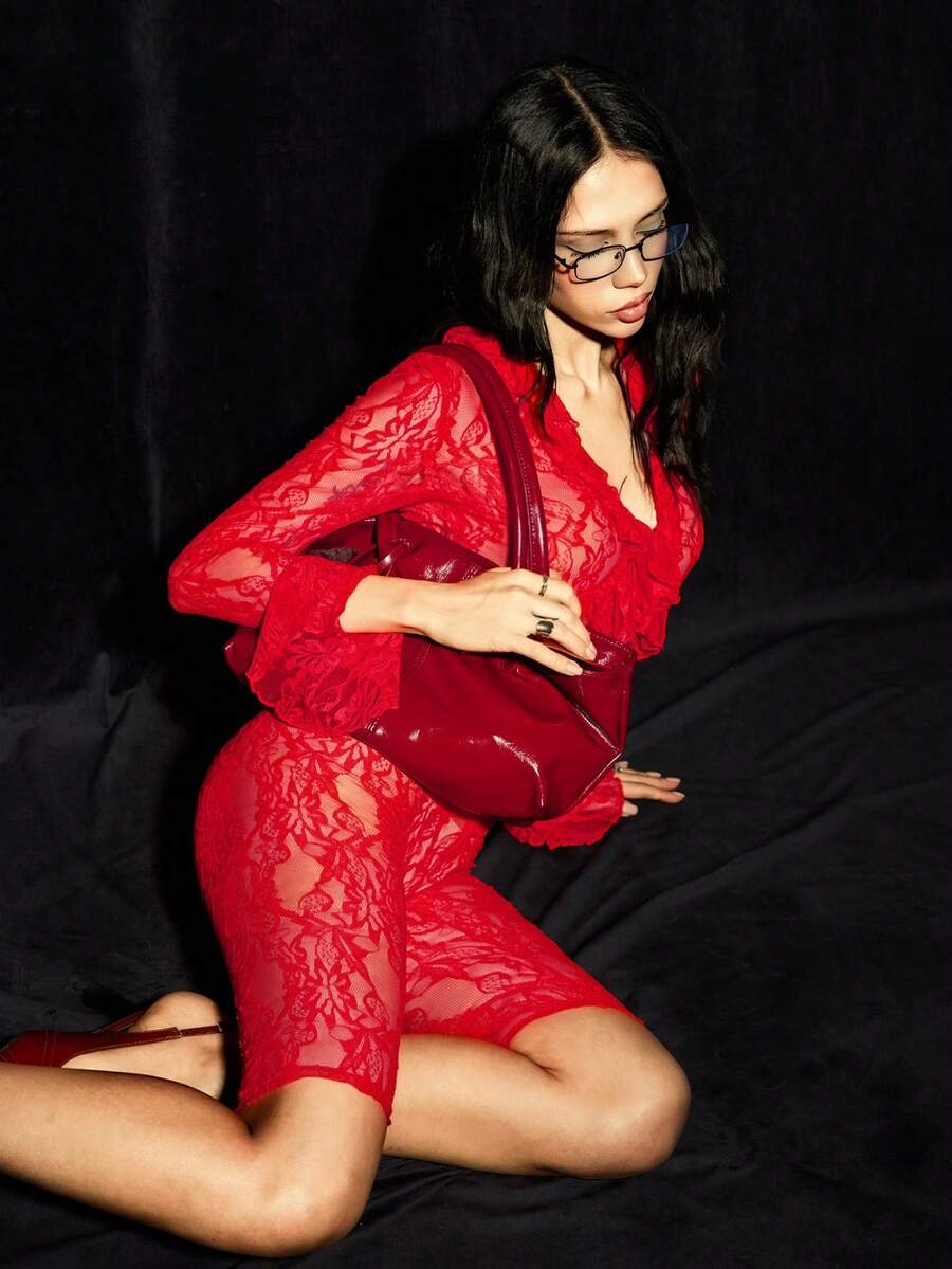 SHEIN ICON 女式红色蕾丝 V 领长袖开衫和 3/4 裤两件套 - 紅色 - 查看 1