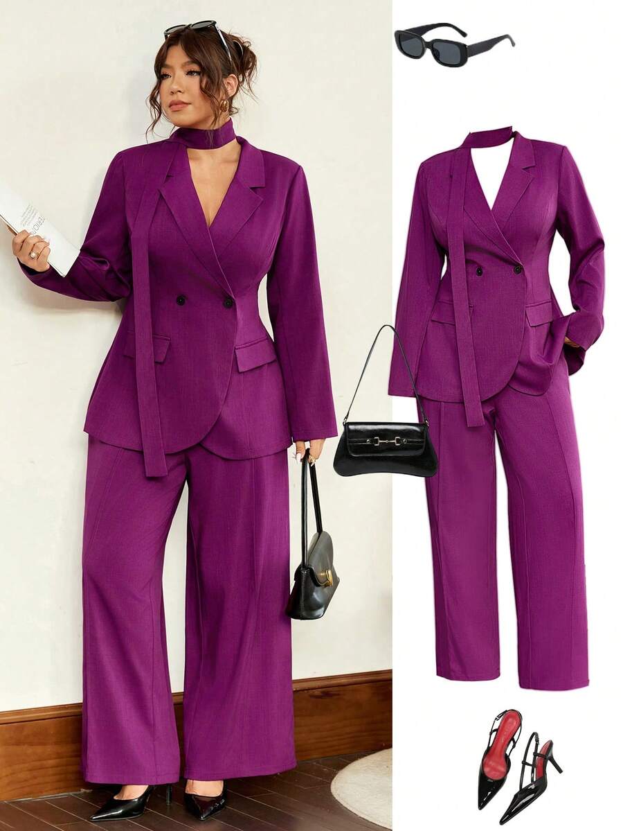 Vionelle Plus Size Women's New Suit Set, Elegant Commuter Suit 2 Pieces Set, Casual Business Outfit, Loose Lapel Long Sleeve Blazer And Straight Elastic Waist Pants 2 Pieces Suit Women Classy Women Suit Women Purple Suit Office Outfits For Women Set Pant Suit Set