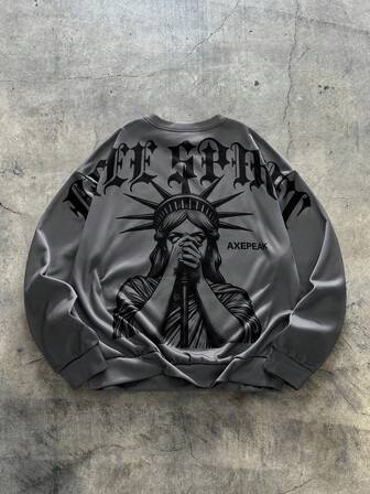  Sudadera holgada de cuello redondo con estampado de grafiti de la Estatua de la Libertad, estilo casual de calle AXEPEAK, talla grande para hombres, manga larga, otoño/invierno