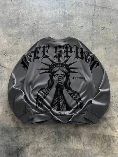 AXEPEAK Sudadera holgada con cuello redondo, estilo casual de calle, con estampado de la Estatua de la Libertad en estilo graffiti de AXEPEAK, talla grande para hombre, otoño/invierno