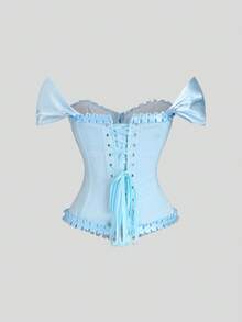 Sweetra Blusa de mujer con hombros descubiertos, volantes y estampado floral con nudo en la cintura - Azul - Ver 2