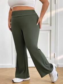SHEIN CURVE+ Quần ống loe lưng cao co giãn cỡ lớn cho nữ, Quần mặc nhà mùa thu xuân hè mát mẻ cho nữ, Quần ống loe - xanh quân đội - Xem 3