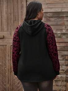 EMERY ROSE Plus Size Casual Leopard Print Patchwork Sweatshirt,Black,Autumn,Everyday,Long Sleeve Hooded Top For Women,Fashionable Christmas New Year Gift,Simple - Red - View 2
