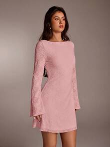 SHEIN Forever 21 复古印花露背长袖迷你连衣裙 - 粉色 - 查看 3