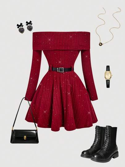 SHEIN MOD Vestido mini con hombros descubiertos, cinturón y brillo en color vino tinto