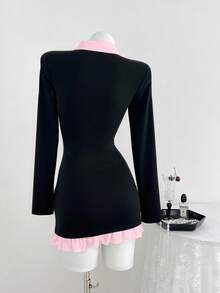 Flirla Women's Patchwork Color Block Long Sleeve Dress, Suitable For Back To School Season, Autumn/Winter - Black - View 2